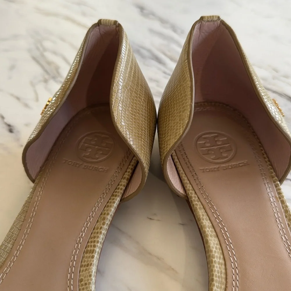 Tory Burch Savannah D'Orsay Flat Sandals Tan Embossed Leather Strap‎ Front Sz 10